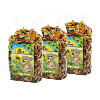 Drei Tüten JR FARM Degu-Snack, gefüllt mit bunten getrockneten Blumen und Kräutern, mit einem Cartoon-Degu auf dem Etikett.