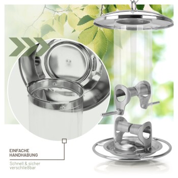 Futterspender aus Edelstahl mit einem klaren Rohr, mit einfacher Handhabung und sicherem Verschluss. Text: "EINFACHE HANDHABUNG Schnell & sicher verschließbar."