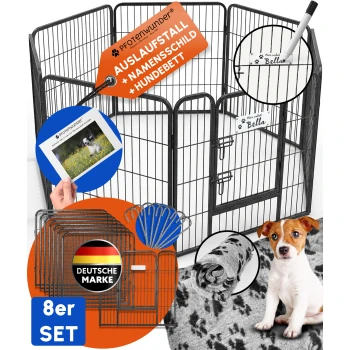 Schwarzer Metall-Haustierauslauf mit Tor, faltbaren Paneelen und Erdspießen für den Außenbereich, gezeigt aufgebaut und zusammengefaltet.