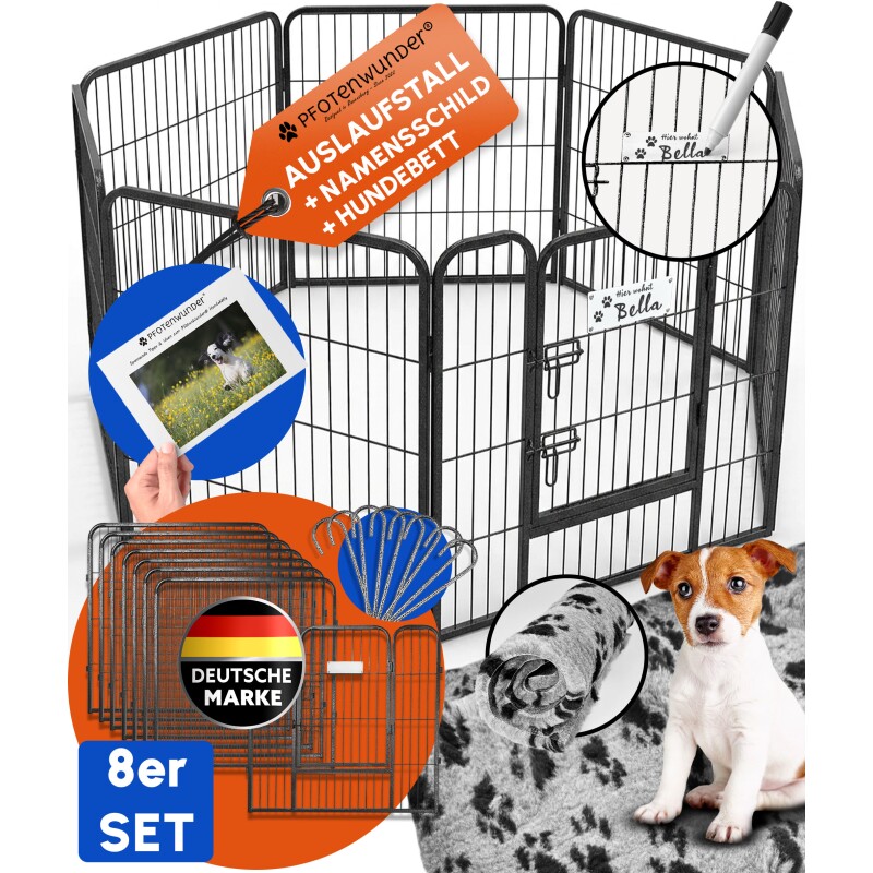 PfotenWunder® Welpenlaufstall 8-teilig, 80cm hoch, 2x2m + 1 Hundebett & 1 Trainingsbuch | Welpenauslauf, Hunde-Laufstall faltbar mit Tür,...