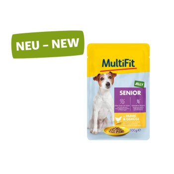 MultiFit Senior Hundefutterbeutel, 100g, mit einem gelb-blauen Design, mit Text, der "Gelatine" und "Huhn & Gemüse" hervorhebt.