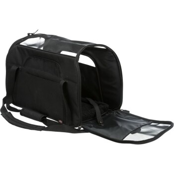 Schwarze Haustiertragetasche mit einem Reißverschluss, Netzpaneelen und einem abnehmbaren Fleecepolster im Inneren, entworfen für Reisen.