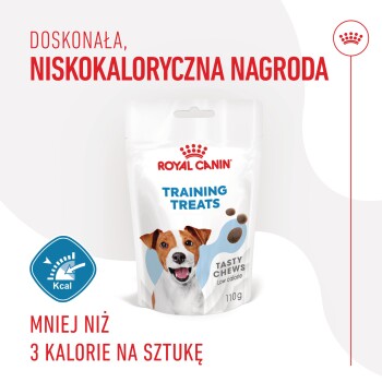 Opakowanie przysmaków treningowych Royal Canin z wesołym psem, oznaczone "Tasty Chews Low Calorie," z mniej niż 3 kaloriami na sztukę.