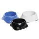 Three pet food bowls in blue, black, and white, featuring a non-slip base and rounded design, displayed against a neutral background.
