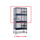 Großer mehrstöckiger Haustierkäfig in Blau, mit mehreren Fächern und Regalen, mit dem Text "2 Zusatzmodule" in Rot.