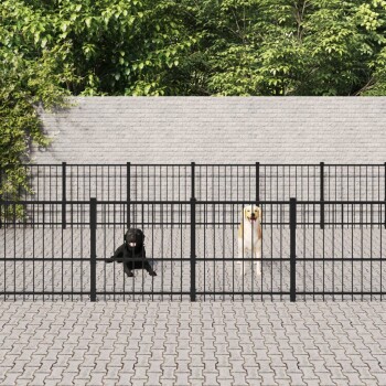 Zwei Hunde, ein schwarzer Labrador und ein gelber Labrador, stehen hinter einem schwarzen Metallzaun in einem gepflasterten Außenbereich, umgeben von Grün.