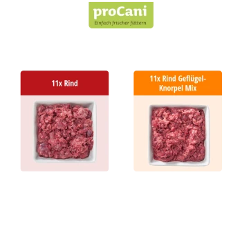 Zwei proCani Hundefutterpakete: eines mit reinem Rindfleisch und eines mit Rind-Poultry-Mix, jeweils mit 11 Einheiten.