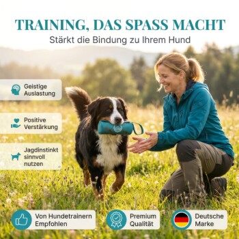 Ein verspielter weißer Hund springt in der Nähe eines türkisfarbenen Haustierprodukts auf Gras, mit Text darunter, der besagt "FÜR ALLE RASSEN GEEIGNET DURCH IDEALE GRÖSSE."