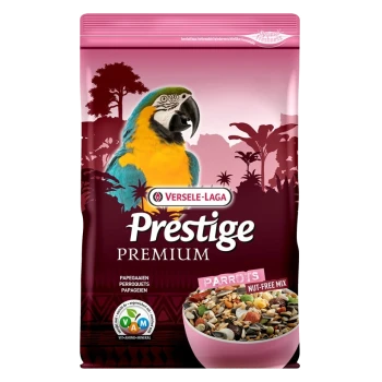 Eine bunte Tüte Versele-Laga Prestige Premium Papageienfutter mit einem Ara auf der Vorderseite, beschriftet "Nussfreies Mix" mit einer Schüssel voller Samen.