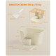 Beige Katzentoilette mit Schaufel und Maßen, ideal für Katzen bis 15 kg, Text auf Deutsch.