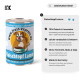 Dose 'Fleischtopf Lamm' Hundefutter mit Cartoon-Hund, Etikett 'fress-express.de'; Panel zeigt '70% Fleisch & Innereien' und 'Made in Germany'.