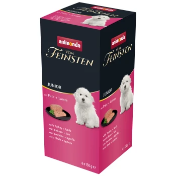 Verpackung für Animonda Vom Feinsten Junior Hundefutter, mit Truthahn und Lamm, mit einem weißen Hundebild und Nährwertangaben.