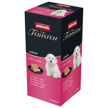 Verpackung für Animonda Vom Feinsten Junior Hundefutter, mit Truthahn und Lamm, mit einem weißen Hundebild und Nährwertangaben.