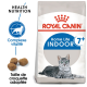 Sac de nourriture pour chats Royal Canin Home Life Indoor 7+ avec un chat tigré gris, avec un texte mettant en avant la nutrition santé et la taille de croquette adaptée.
