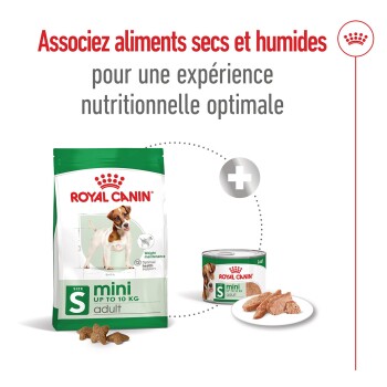 Emballage de nourriture pour chien Royal Canin mini avec une image de beagle, promouvant un mélange de nourriture sèche et humide pour une nutrition optimale.