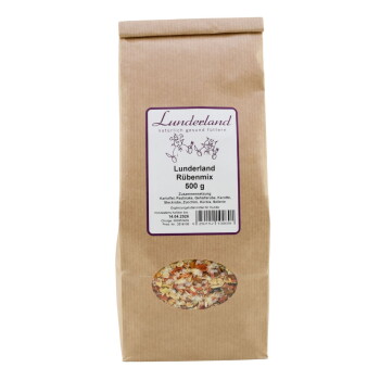 Braune Papiertüte Lunderland Rübenmix 500 g Tierfutter, vorne beschriftet mit ovalem Sichtfenster, das getrocknete Gemüsemischung zeigt.