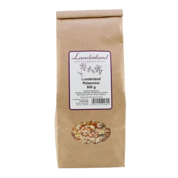 Braune Papiertüte Lunderland Rübenmix 500 g Tierfutter, vorne beschriftet mit ovalem Sichtfenster, das getrocknete Gemüsemischung zeigt.