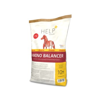 Weißer Sack mit Josera Amino Balancer für Pferde, beschriftet mit "HILFE" und "10 kg", mit einer roten Pferdegrafik und Nährwertangaben.