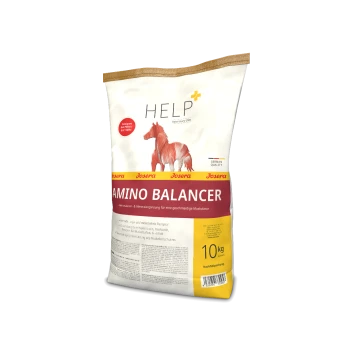 Weißer Sack mit Josera Amino Balancer für Pferde, beschriftet mit "HILFE" und "10 kg", mit einer roten Pferdegrafik und Nährwertangaben.
