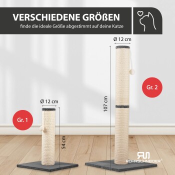 Zwei beige Katzenkratzbäume mit grauen Sockeln, Größen Gr. 1 (54 cm) und Gr. 2 (107 cm), Durchmesser 12 cm, Rohrschnieder-Logo.