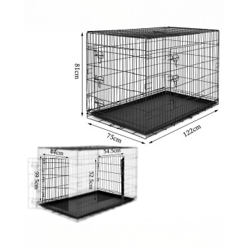 Schwarze Metalltierbox mit einer abnehmbaren Kunststoffschale, ausgestattet mit einem sicheren Riegel und einem Drahtgitterdesign.
