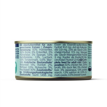 Katzenfutterdose mit einem blauen Etikett, mit Zutaten wie 50% Hühnerfilet, 28% Brühe und 8% Entenfilet, plus Nährwertinformationen.