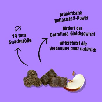 Drei braune Haustiersnacks neben einer Apfelscheibe mit deutschem Text über 14 mm Größe und Verdauungsgesundheit.