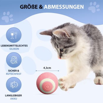 Ein verspieltes grau-weißes Kätzchen greift nach einem rosa Ball, beschriftet "4,3 cm," gekennzeichnet "lebensmittelecht," "rutschfest," und "haltbare Batterie."