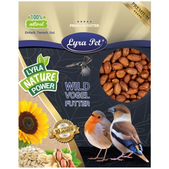 Nahaufnahme der Verpackung von Lyra Pet's Premium-Vogelfutter mit Samen, zwei bunten Vögeln und den Texten "100% natürlich" und "Wild Vogel Futter."