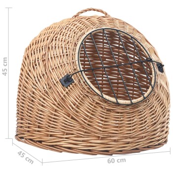 Geflochtene Haustiertrage mit einer runden Öffnung und einem schwarzen Metallgitter, 60 cm breit und 45 cm hoch.