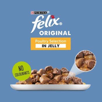 Purina Felix Original Poultry Selection in Jelly, featuring a plate of pet food with a "No Colourants" label.