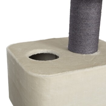 Katzenkratzbaum mit einer weichen beige Basis und einem dunkelgrauen, sisalumwickelten Pfosten, mit einem runden Loch auf einer Seite.