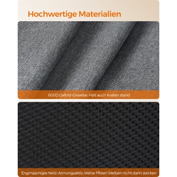 Nahaufnahme von Stofftexturen mit deutschem Text: "600D Oxford: krallenfest" und "Atmungsaktives Mesh: kleine Pfoten bleiben nicht stecken."