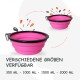 Zwei zusammenklappbare pinke Haustierschalen mit schwarzen Rändern, beschriftet mit "Verschiedene Größen verfügbar" und Größen: 350 ML, 1000 ML, 1500 ML, 2000 ML.