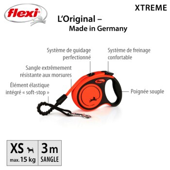 Laisse rétractable pour chien Flexi XTREME en orange, avec une prise confortable, une sangle résistante aux morsures et un élément élastique à arrêt doux.