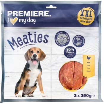 Premiere I love my dog Meaties Verpackung mit einem Beagle, der 95% Fleischgehalt hervorhebt, mit Hühnergeschmack und Wertpackung von 2x250g.