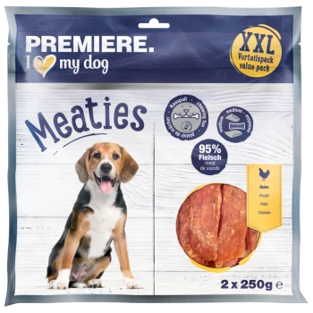 Premiere I love my dog Meaties Verpackung mit einem Beagle, der 95% Fleischgehalt hervorhebt, mit Hühnergeschmack und Wertpackung von 2x250g.