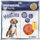 Premiere I love my dog Meaties Verpackung mit einem Beagle, der 95% Fleischgehalt hervorhebt, mit Hühnergeschmack und Wertpackung von 2x250g.