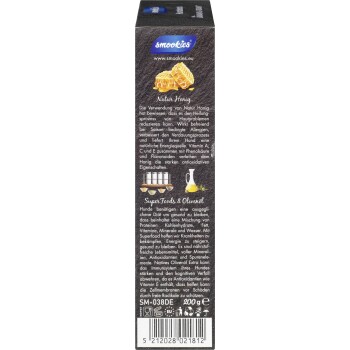 Smookies Haustierproduktverpackung mit natürlichem Honig und Superfoods, die gesundheitliche Vorteile für Hunde hervorhebt, einschließlich Vitaminen und Antioxidantien.