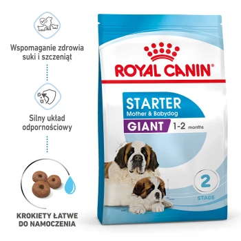 Karma Royal Canin Starter Mother & Babydog dla dużych ras, odpowiednia dla szczeniąt w wieku 1-2 miesięcy, z psami rasy Bernardyn na opakowaniu.