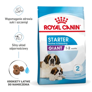 Karma Royal Canin Starter Mother & Babydog dla dużych ras, odpowiednia dla szczeniąt w wieku 1-2 miesięcy, z psami rasy Bernardyn na opakowaniu.