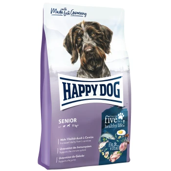 fit & vital Senior Tüte mit "Happy Dog Senior" Futter mit einer Illustration eines braunen Hundes, die Vorteile wie Vitalität, Immunität und Gelenkunterstützung hervorhebt.