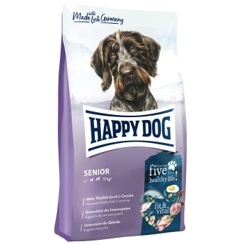 Tüte mit "Happy Dog Senior" Futter mit einer Illustration eines braunen Hundes, die Vorteile wie Vitalität, Immunität und Gelenkunterstützung hervorhebt.