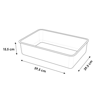Linienzeichnung eines rechteckigen Haustierfuttertabletts, das 59,5 cm x 39,5 cm x 15,5 cm misst.