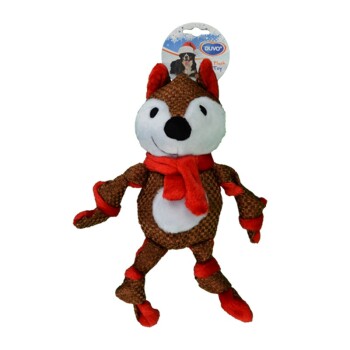 Plüschspielzeug in Form eines lächelnden Fuchses mit einem roten Schal, mit einem braunen strukturierten Körper und einem weißen Gesicht, das an einem Etikett hängt.