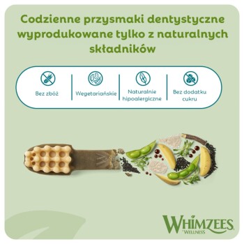 Psie gryzaki dentystyczne Whimzees w kształcie szczoteczki, fakturowana główka, groszek, ziemniak i nasiona; tekst po polsku: Bez zbóż