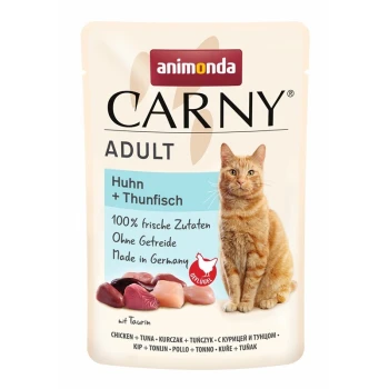 Animonda Carny Adult Katzenfutterverpackung mit Huhn und Thunfisch, mit Text, der besagt: "100% frische Zutaten, Ohne Getreide, Hergestellt in Deutschland."