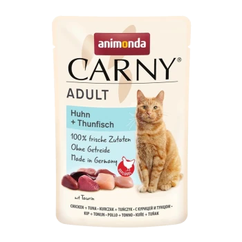 Animonda Carny Adult Katzenfutterverpackung mit Huhn und Thunfisch, mit Text, der besagt: "100% frische Zutaten, Ohne Getreide, Hergestellt in Deutschland."