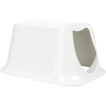 Bac à litière pour chat blanc avec une ouverture à l'avant, présentant un extérieur lisse et un fond texturé pour la stabilité.