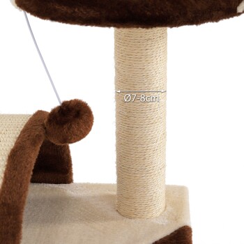 Katzenbaum mit einem Kratzbaum, ausgestattet mit einem plüschigen braunen Pompon und einem Durchmesser von 7-8 cm.